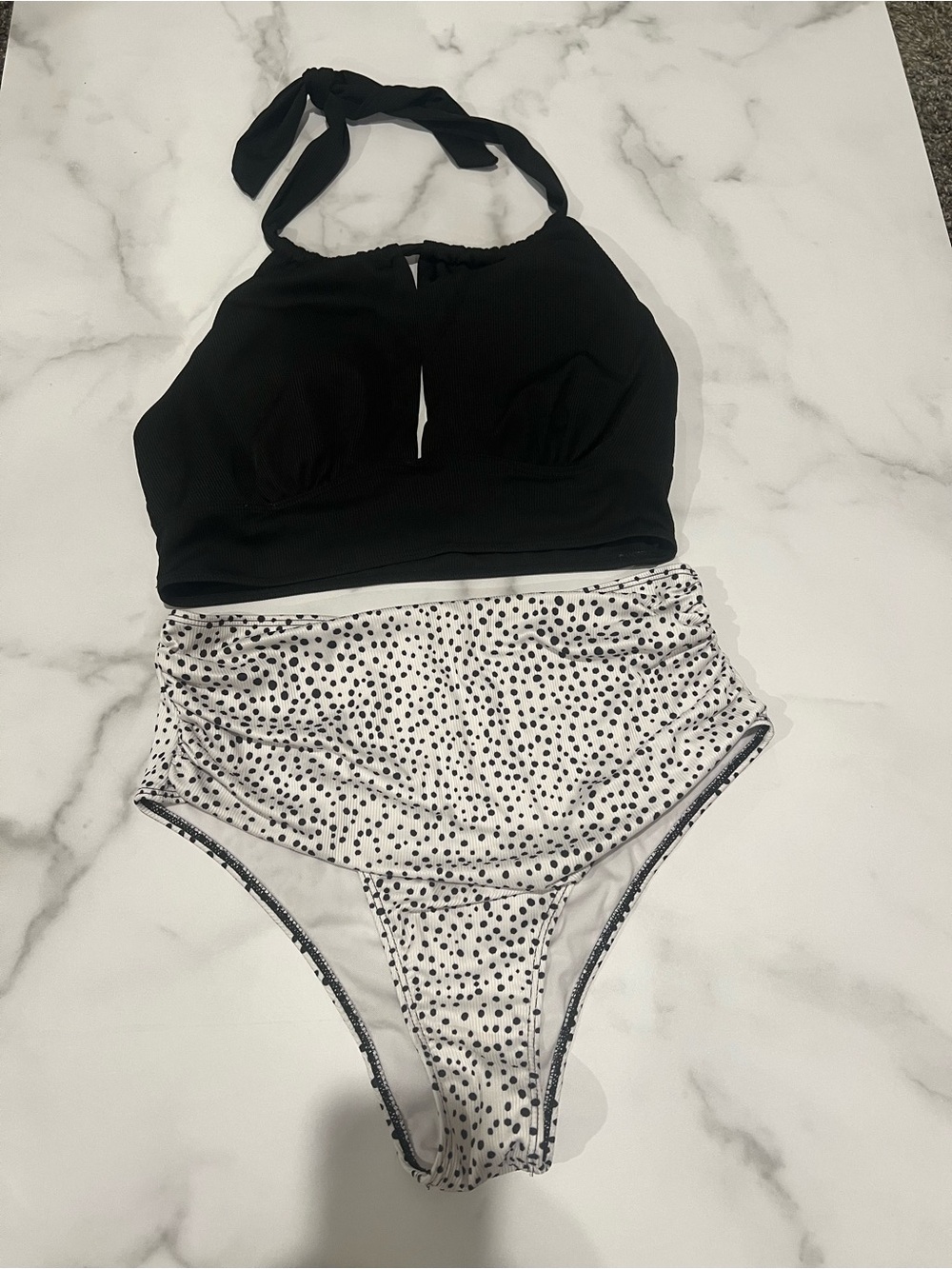 Black Halter Tankini Top with White Polka Dot High-Waist Bottoms